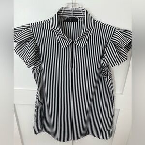 NWT Women’s Tahari Flutter-Sleeve, Black and White Striped Top.